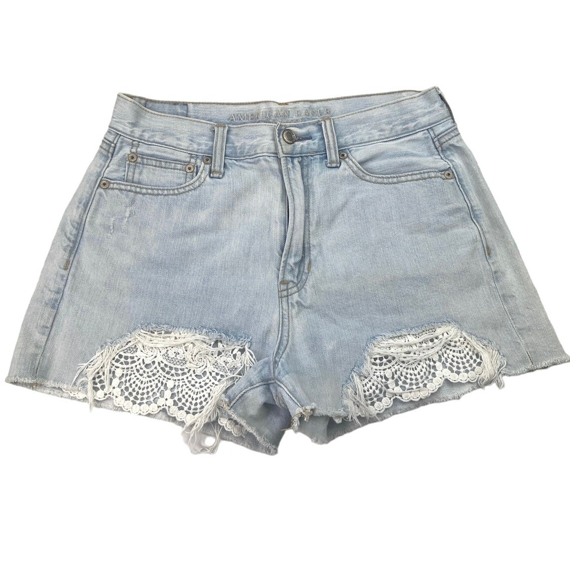 American Eagle Blue Light Wash Lace Trim Cotton Denim Mid Rise Jean Short Size 4